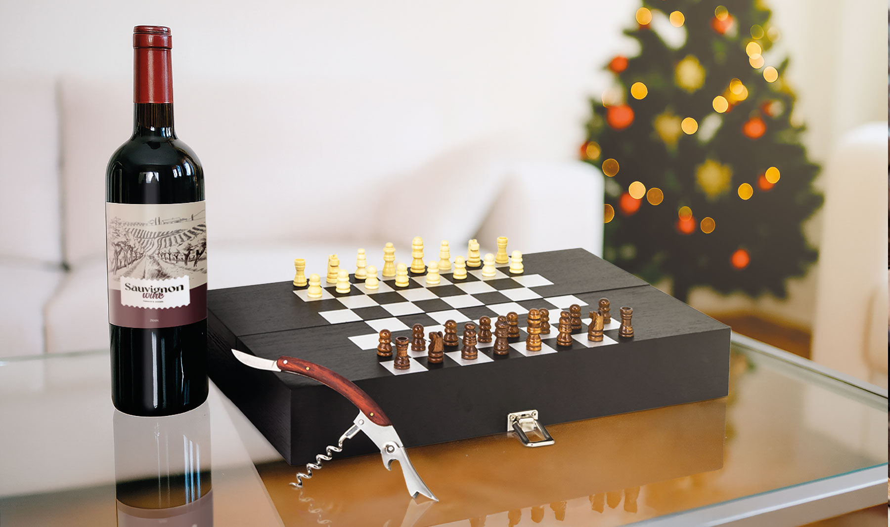 SET DE VINO CON AJEDREZ 